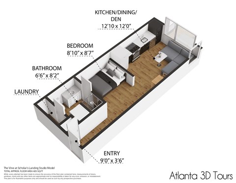 Floor plan for studio, 1 bath, 423 sqft
